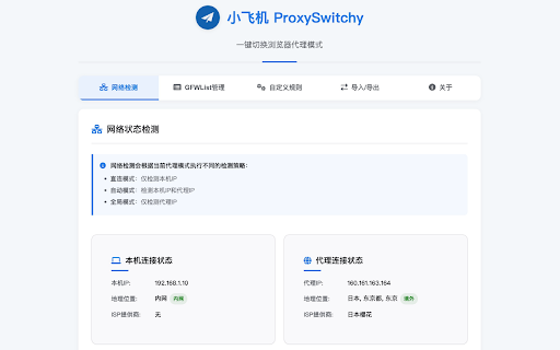 小飞机 - ProxySwitchy :: 一个简单易用的代理切换工具,支持GFWList规则、自定义规则. 轻松快捷的管理和切换多个代理设置. 每个网页的代理使用情况一目了然, 保护您的隐私安全.