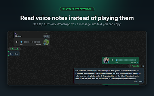 Voice Note Transcriber for WhatsApp™ :: Transcribe WhatsApp Web voice notes with ElevenLabs Scribe v2 and read them in Latin letters — 90+ languages, 25 writing systems.