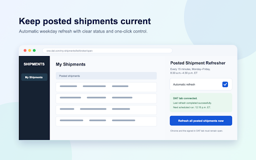 Load Board Posting Refresher :: Reloads DAT, 123Loadboard and Truckstop, then refreshes eligible posted loads every 15 minutes.
