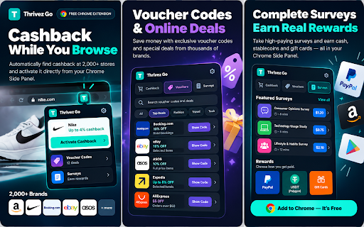 Thrivez Go – Earn Rewards via Cashback & Surveys :: Earn rewards with automatic cashback detection, direct cashback activation, voucher deals, and surveys in the Chrome Side Panel.