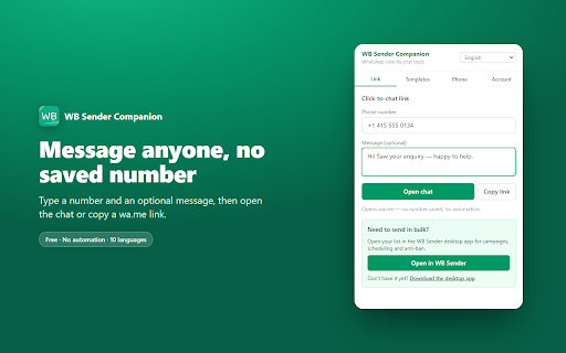 WB Sender – WhatsApp Link & Message Tools :: Free WhatsApp click-to-chat link generator, message templates & phone number formatter. No automation, numbers stay local.