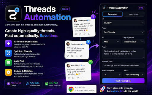 Threads Automation :: Generate thread drafts with ChatGPT or Gemini, then post or schedule them on Threads.