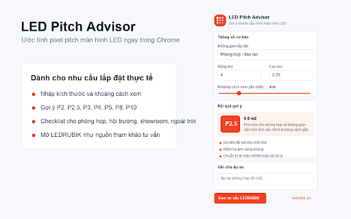 LED Pitch Advisor :: Ước tính nhanh pixel pitch và checklist chọn màn hình LED cho phòng họp, hội trường, quảng cáo.
