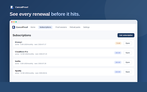 CancelProof: Cancel Subscriptions with Proof :: Subscription manager that records proof when you cancel — timeline, screenshots & a Refund Pack PDF if you're charged anyway.