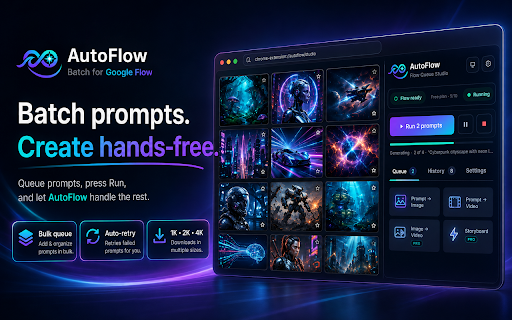 AutoFlow — Batch for Google Flow :: Queue Google Flow prompts, build private storyboards, and monitor generation progress inside a focused side panel.