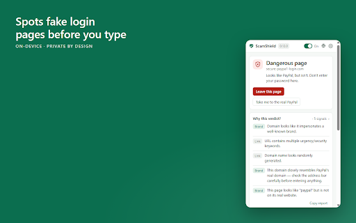 Scam & Phishing Blocker: ScamShield :: On-device scam & phishing protection: warns you, spots brand look-alikes, checks messages. Nothing leaves your device.
