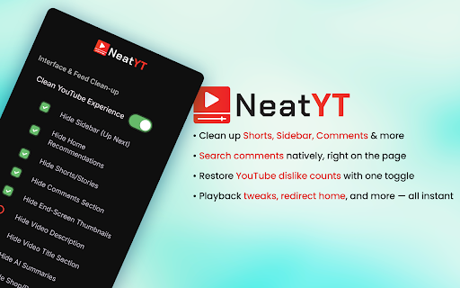 NeatYT – Clean UI & Comment Search for YouTube :: NeatYT hides clutter, adds an inline comment search bar, and brings back YouTube dislike counts