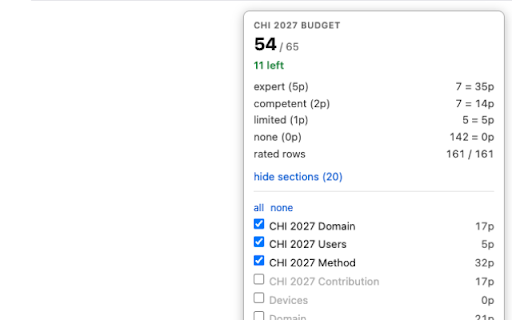 Expertise Budget Counter :: Live point counter for CHI 2027 expertise selections (budget 65), with per-section toggles.