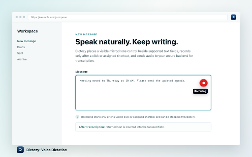 Dictozy: Voice Dictation :: Write faster in Chrome by dictating messages, notes, searches, and form entries - no account required.