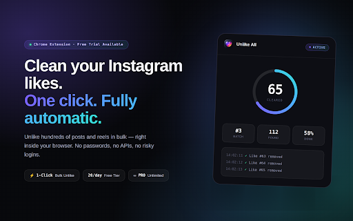 Unlike All — Bulk Remove Instagram Likes :: Automatically unlike all your liked posts and reels on Instagram in bulk. Fast, safe, one-click cleanup — no login sharing required.