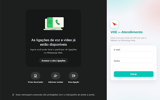 VOE — Atendimento WhatsApp :: Painel de atendimento da VOE no WhatsApp Web. Fallback para quando a conexão principal do módulo Conversas estiver indisponível.