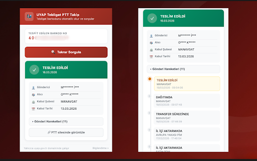 UYAP Tebligat PTT Takip :: UYAP tebligat ekranındaki PTT barkod numarasını okuyup gönderi durumunu sorgular.