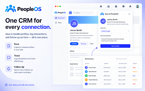 PeopleOs :: Save network contacts, manage lists, log activities – directly on the profile page.