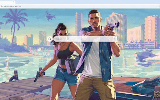 GTA 6 Tropical City Live Wallpaper :: GTA 6 protagonists on wooden dock with guns against pastel Vice City skyline with palm trees and speedboat.