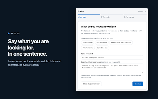 Prosko — Veille pour LinkedIn :: Veille LinkedIn. Prosko lit les publications à votre place et vous prévient dans Slack, Discord ou une notification.