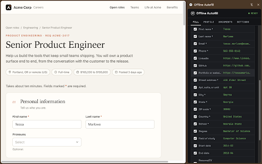 Offline Autofill :: Fill forms from a profile that never leaves your device. On-device models only (Chrome built-in, Ollama, LM Studio). No cloud.
