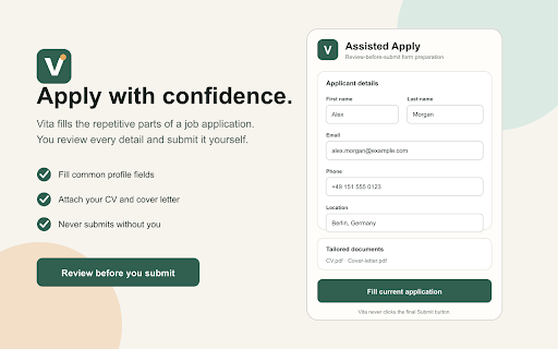 Vita Assisted Apply :: Fill job application forms with user-approved profile data and documents. Never submits forms.