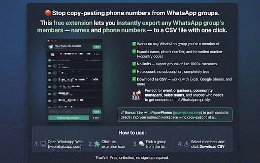 WhatsApp Contacts Downloader — Free & Unlimited :: Free unlimited WhatsApp group contacts downloader. Export members to CSV instantly. No limits, no subscription. By PaperPlanes.