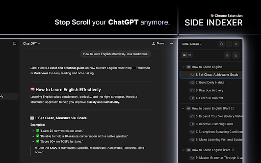 SIDE INDEXER :: Generates a dynamic table of contents for AI chats and offers optional indexing helpers.