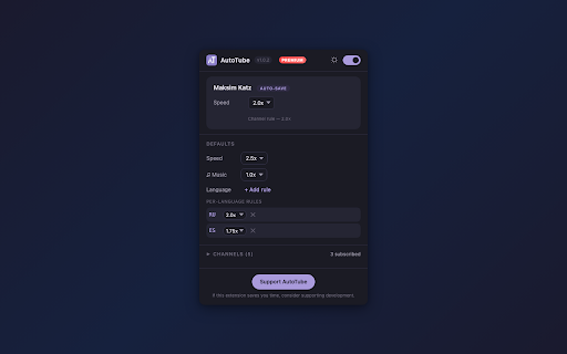 AutoTube :: Smart playback speed, subtitles and preferences manager for YouTube