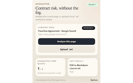 Unshafted: AI Contract Risk Analyzer :: Spot risky clauses before you sign. Upload contracts and get plain-English risk guidance with privacy-first AI.