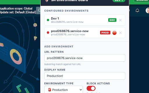 ServiceNow Environment Guard - Environment Marker :: Visual warning overlay for ServiceNow environments — never accidentally edit production again