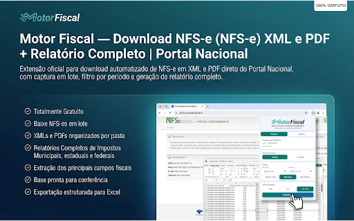 Motor Fiscal NFSe Baixar em Lote PDF, XML e Relatorios do Ambiente Nacional :: Baixe NFS-e Portal Nacional em lote: XML, PDF, Canceladas/Substituídas. Organiza por CNPJ/Status e gera Excel para fechamento fiscal