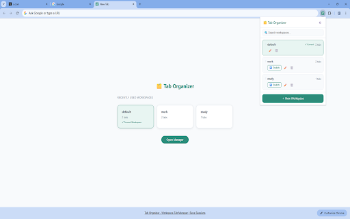 Tab Organizer - Workspace Tab Manager | Save Sessions :: Free tab manager with workspaces. Save & restore sessions, one-click context switch. OneTab alternative — no cloud, no ads.