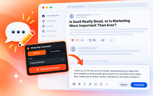 Reddit Auto Comment Writer :: Write natural, human-tone Reddit comments and replies (normal or business-promotional) using your own OpenAI API key.