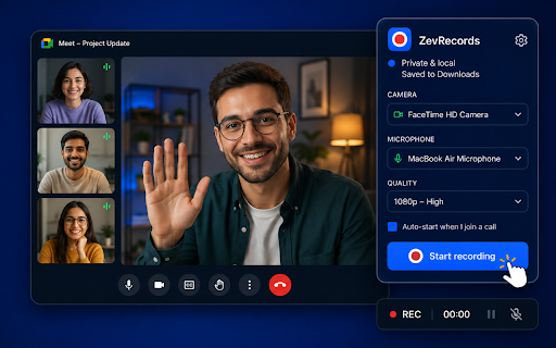 ZevRecords - Record Google Meet locally :: Automatically records Google Meet calls locally (tab video, remote audio, and your microphone). No account, no upload, no limits.