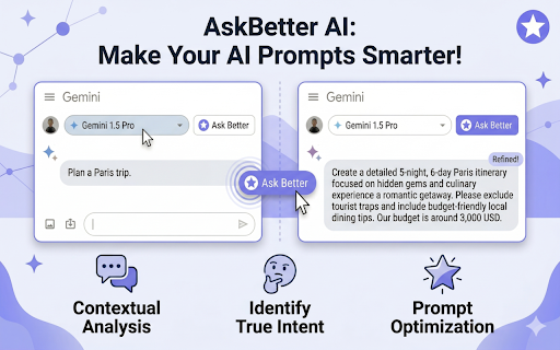 AskBetter AI :: One click to boost your AI prompts. Auto-suggests the next question or rewrites your draft for smarter answers.