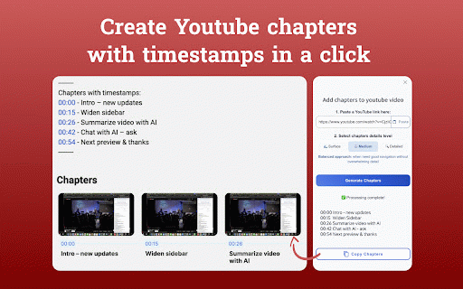 Add chapters to youtube video :: Hate add chapters to YouTube videos manually? This tool helps you create YouTube chapters with timestamps in a click using AI