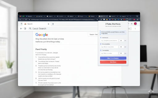 3 Tasks. One Focus :: Focus on one task at a time. Enter 3 tasks and get reminded every 25 minutes.