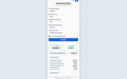 ISV/IUC Calculator - Portugal Car Import :: Calculate ISV and IUC taxes for importing cars to Portugal. Auto-detects vehicle specs from European car listing sites.