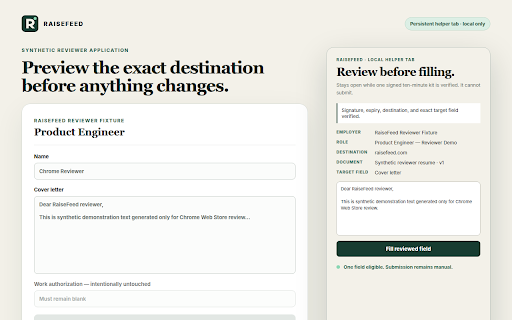 RaiseFeed Application Helper :: Securely retrieves, reviews and fills candidate-approved application answers. Never submits employer forms.