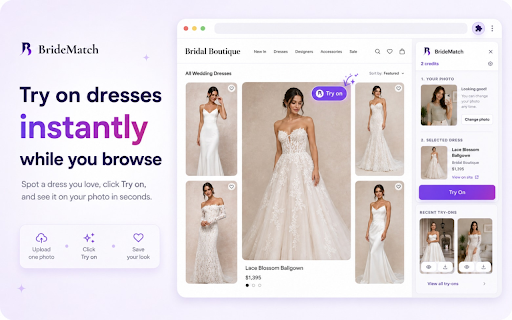 BrideMatch - Virtual Wedding Dress Try On Online & AI Bridal Gown Fitting :: Try on any wedding dress you find while shopping. Hover a dress photo, press Try on, and see it on your own picture.
