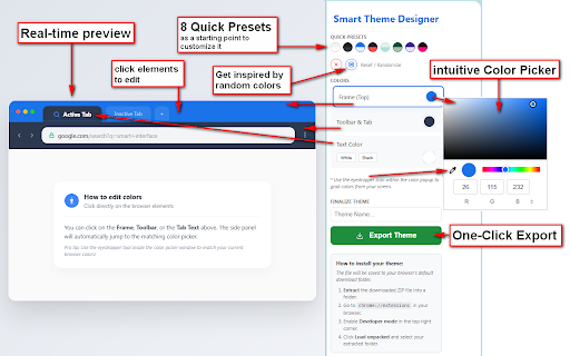 Smart Theme Designer - for Google Chrome :: Create custom Chrome themes in seconds. Use live preview, smart color pickers, and a randomizer to design your perfect browser look.