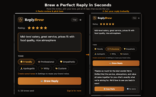 ReplyBrew — AI Review Replies :: Brew perfect review replies in seconds. AI-powered responses that match your business tone, right inside Google Business Profile.