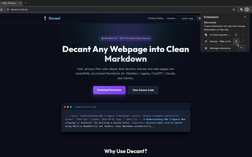 Decant - Web to Markdown Clipper :: Fast, privacy-first web clipper that decants articles and webpages into clean Markdown.
