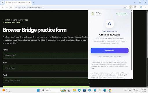 AIVane Web Automation Recorder :: Record what you do on a web page once, then replay it as an automated workflow. Requires the AIVane desktop app for Windows.
