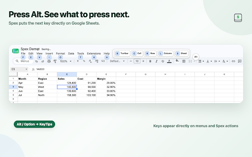 Spex – Excel Shortcuts for Google Sheets™ :: Use Excel-style shortcuts in Google Sheets™ with on-screen KeyTips, Sheets-native commands, and customizable keyboard workflows.