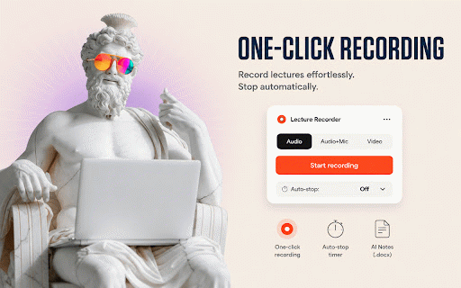 Lecture Recorder :: One-click lecture recorder. Record audio + mic or video in any browser tab. AI notes online: summary, key points, transcript.