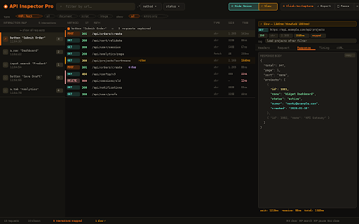 API Inspector Pro :: Click any UI element to see its API calls. Auto-maps interactions to endpoints. Postman export, slow warnings & session persistence.
