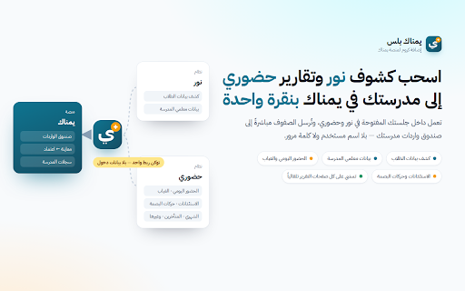 يمناك بلس :: جسر نور وحضوري إلى منصة يمناك — يسحب كشوف الطلاب والمعلمين وتقارير الدوام ويرسلها إلى مدرستك بنقرة، بلا أي بيانات دخول.