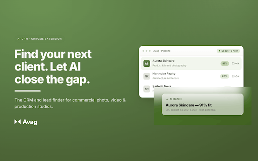 Avag :: Find clients, capture their contact details in one click, and track every lead in your CRM. Built for creators.