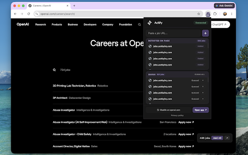 Actify - Job Queue :: Detect job listings on any career site and queue them in your Actify desktop app for one-click applications and tracking.