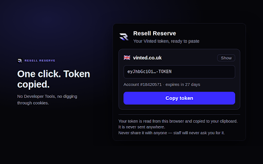 Resell Reserve — Vinted Token Copier :: Copy your Vinted refresh token in one click — no Developer Tools, no digging through cookies. By Resell Reserve.