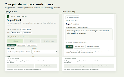 Snippet Vault :: Your private snippet vault — canned replies, stored only on your device, locked with your password.