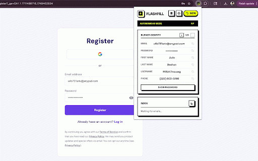 FlashFill :: Zero-click burner identity and OTP automation for signup forms.