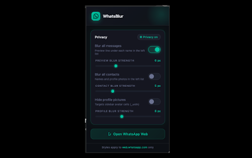 WhatsBlur :: Inject custom CSS into WhatsApp Web for privacy.